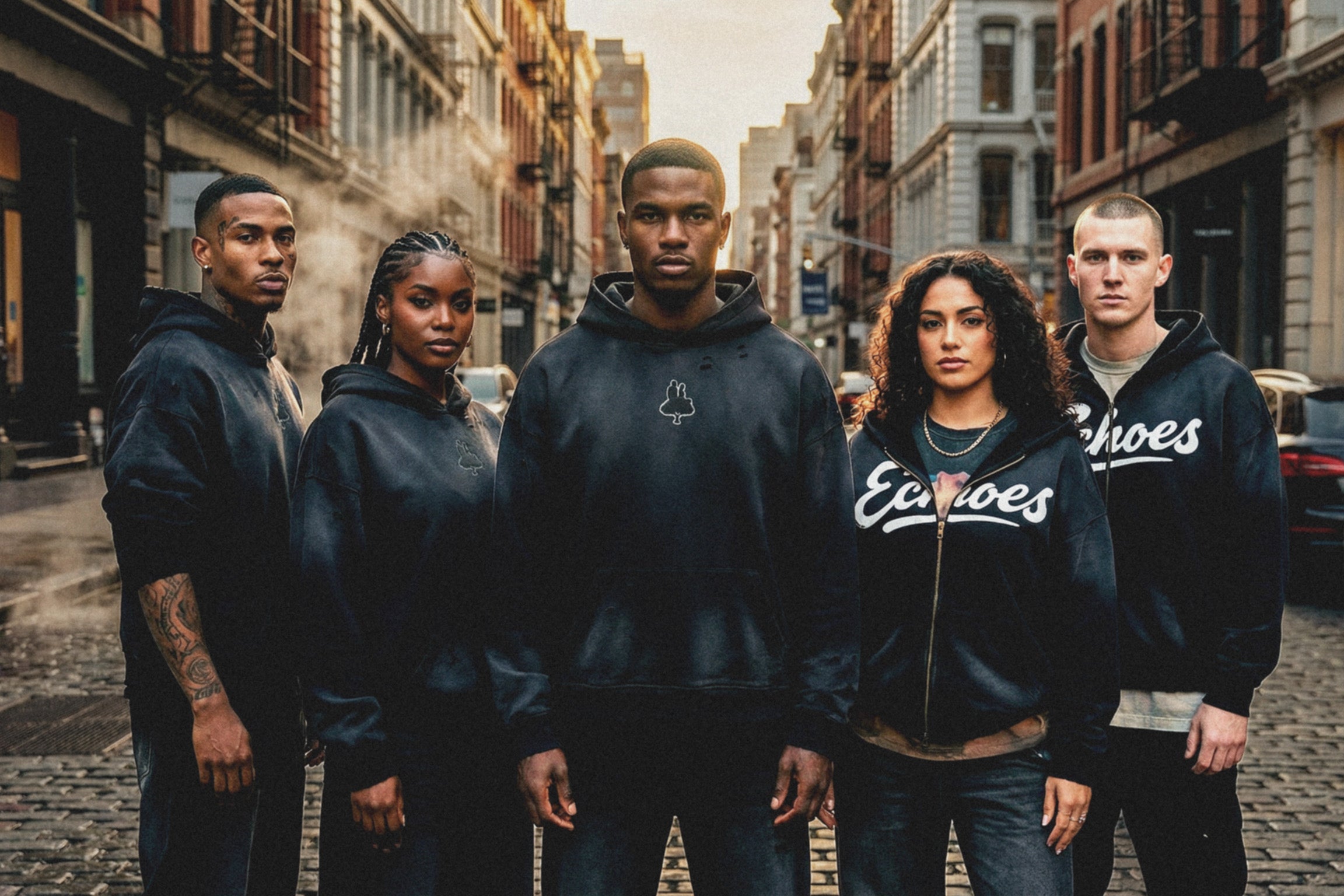 Five people wearing hoodies on a city street