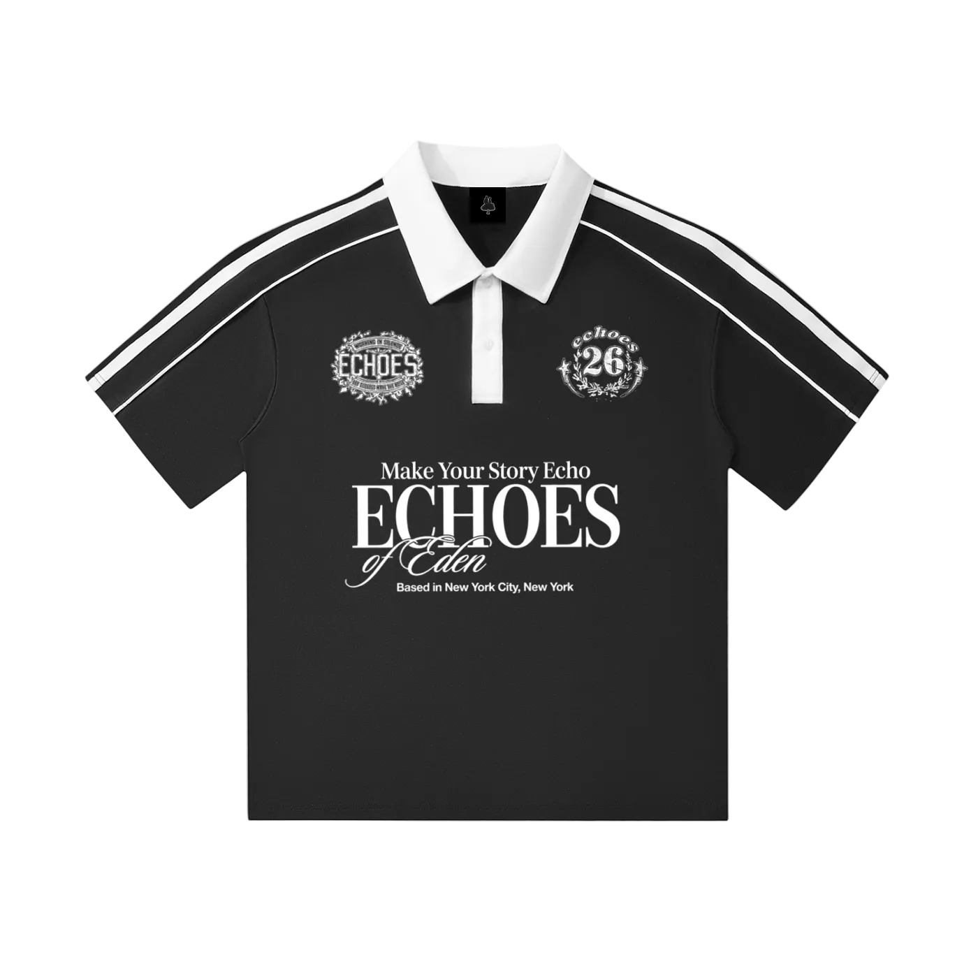 Black polo shirt with white accents and 'Echoes of Eden' branding on a white background