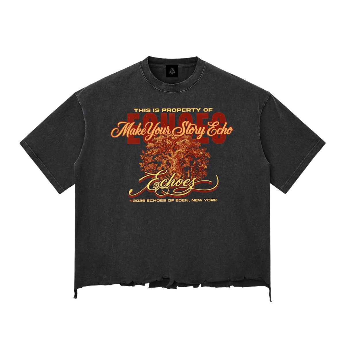 Black t-shirt with graphic design and text on a white background