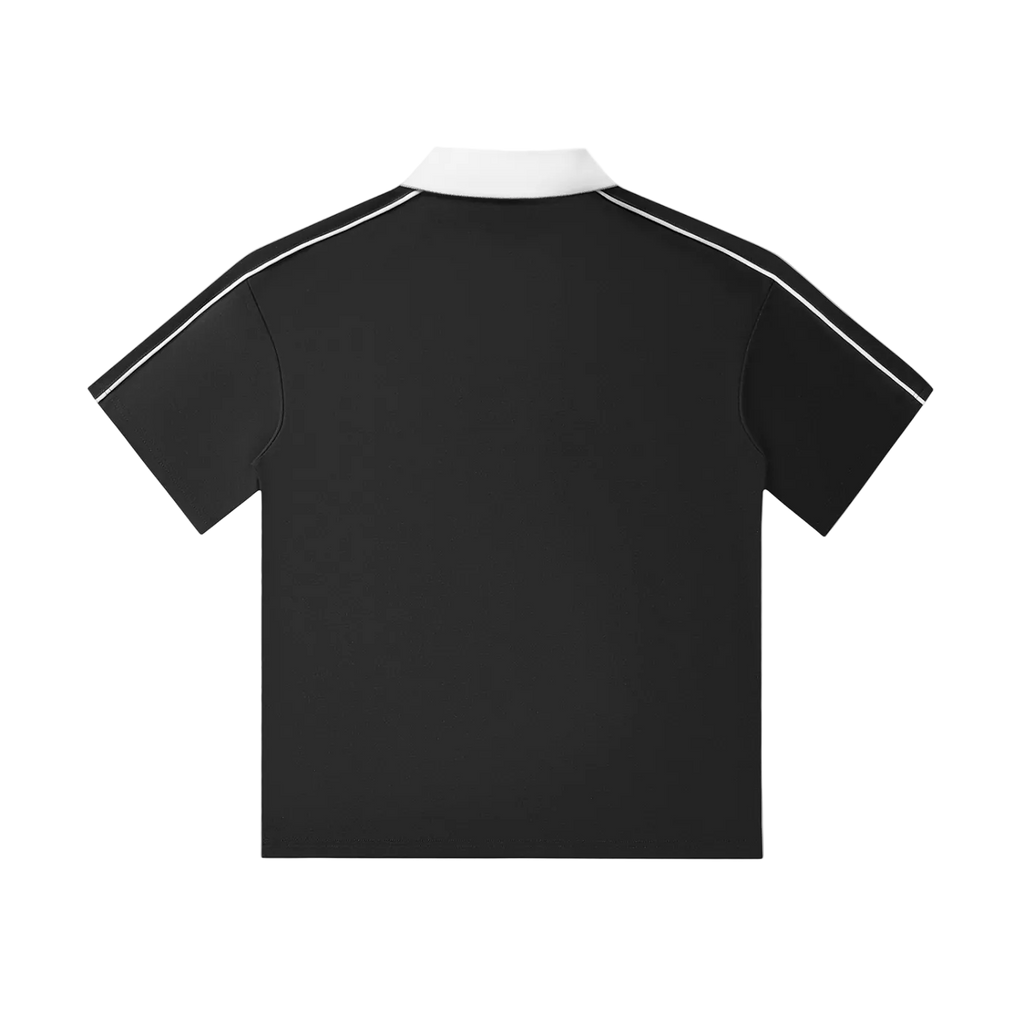 Black polo shirt with white trim on a white background