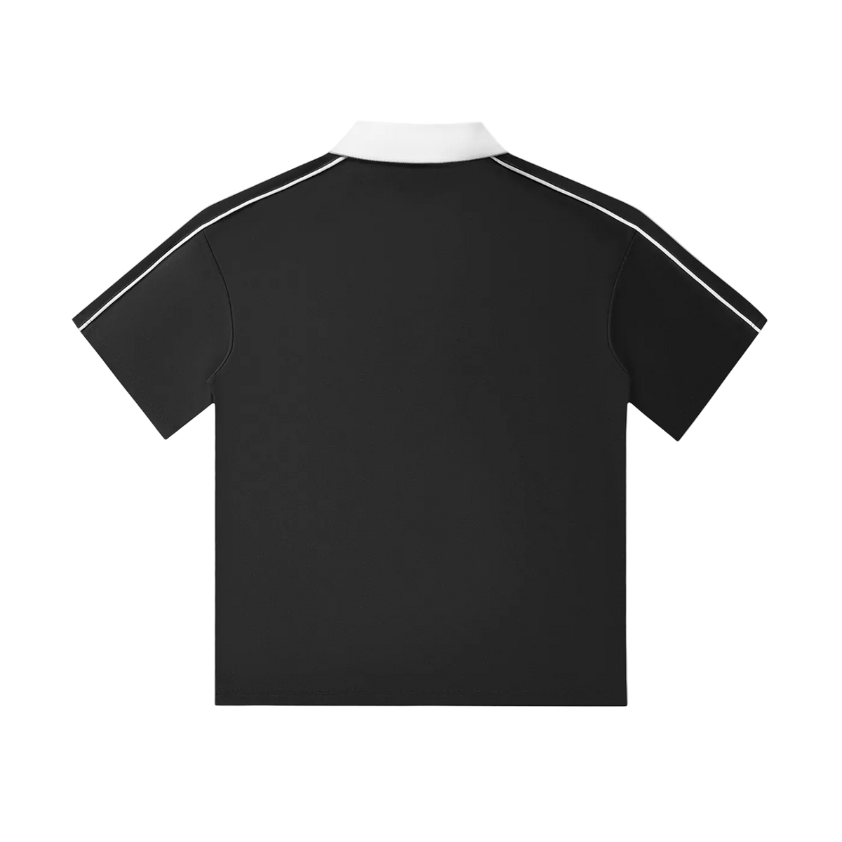Black polo shirt with white trim on a white background