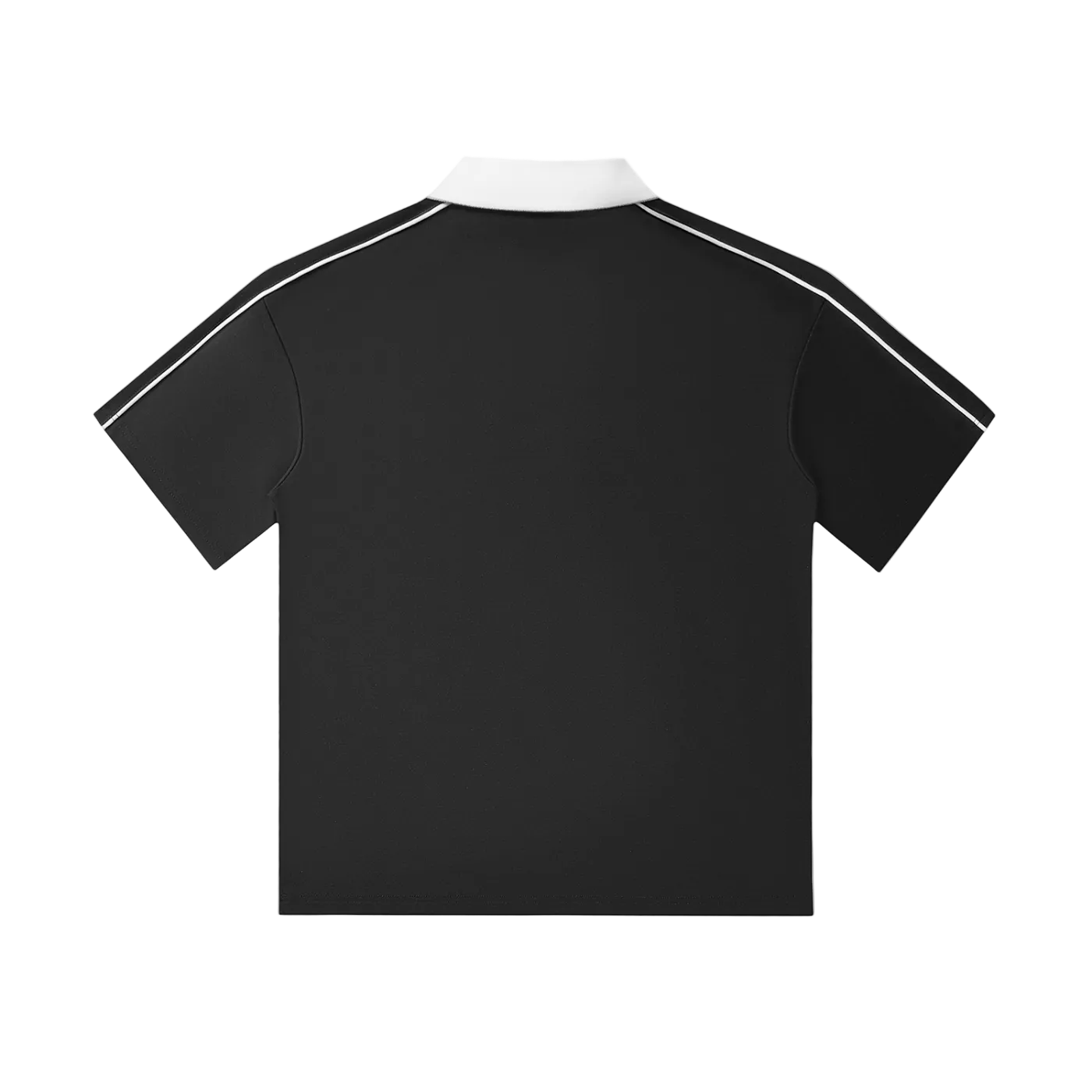 Black polo shirt with white trim on a white background